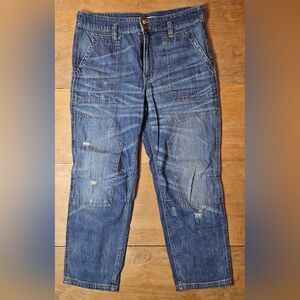 Pilcro By Anthropologie Double-button Fly Distressed Dark Wash Wide-leg Jeans